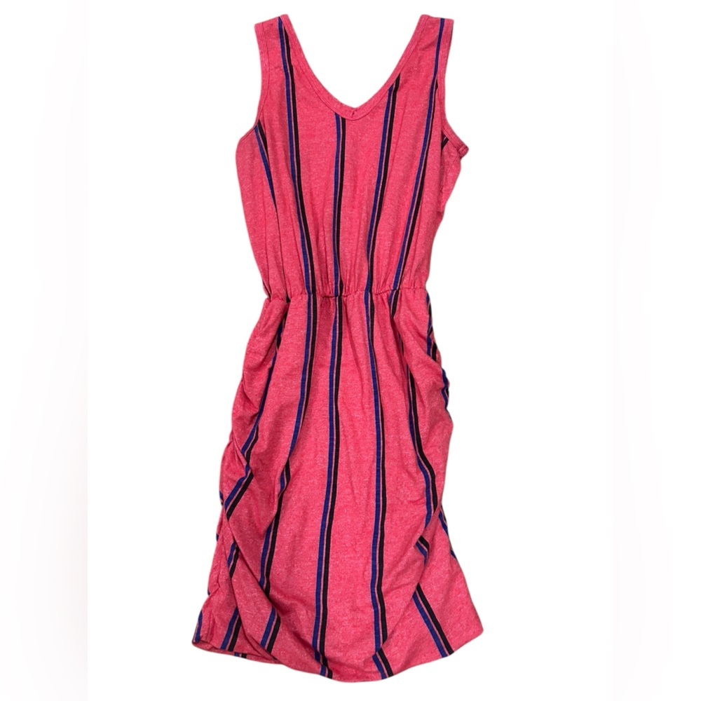 SUNDRY Anthropologie Stripe Red Blue gathered side sleeveless midi Dress S/M fit